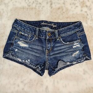 American Eagle Women's Micro Mini Jean Shorts Sz 2 Whiskering Distress Booty